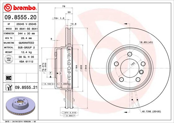 BREMBO brake disc 09.8555.21, set of 2 - Brake Disc