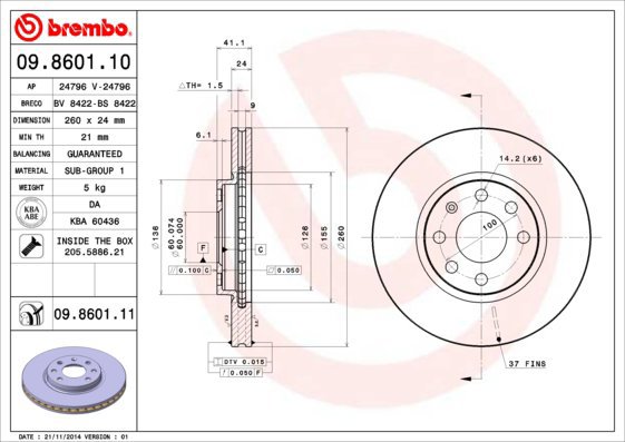 BREMBO brake disc 09.8601.10, set of 2 - Brake Disc