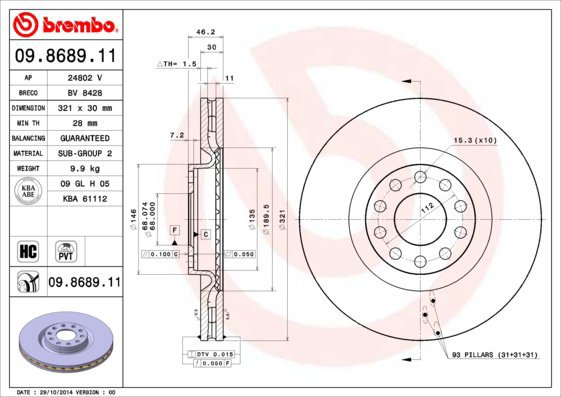 BREMBO brake disc 09.8689.11, set of 2 - Brake Disc