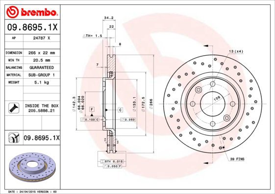 BREMBO brake disc 09.8695.1X, set of 2 - Brake Disc