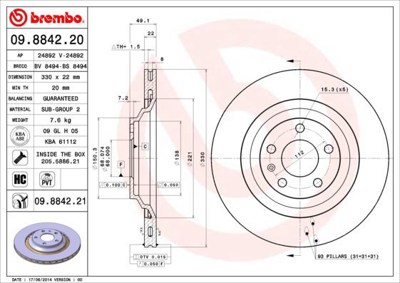 BREMBO brake disc 09.8842.20, set of 2 - Brake Disc
