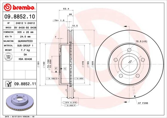 BREMBO brake disc 09.8852.10, set of 2 - Brake Disc