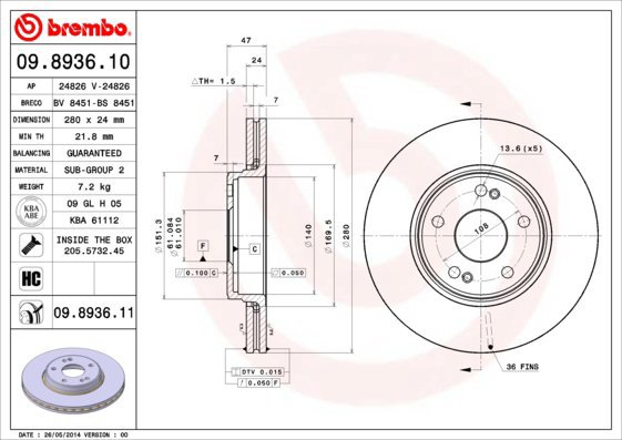 BREMBO brake disc 09.8936.11, set of 2 - Brake Disc