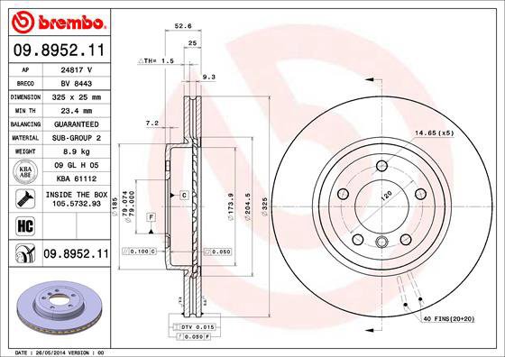 BREMBO brake disc 09.8952.11, set of 2 - Brake Disc