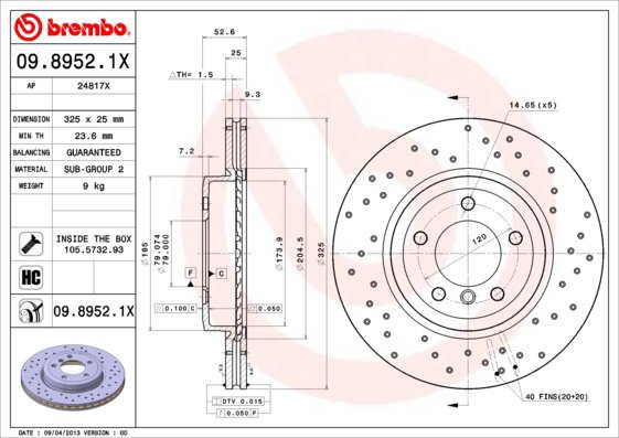 BREMBO brake disc 09.8952.1X, set of 2 - Brake Disc