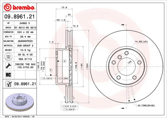 BREMBO brake disc 09.8961.21, set of 2 - Brake Disc