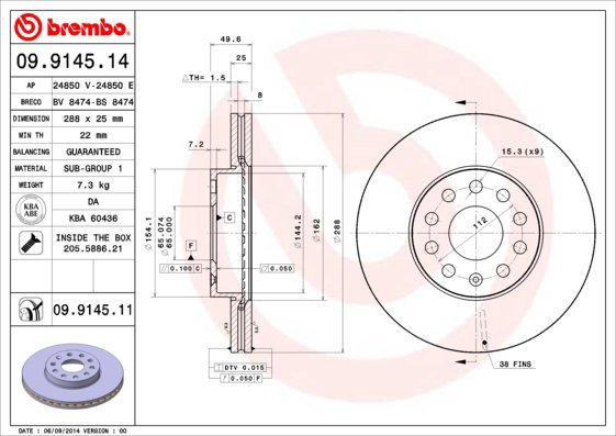 BREMBO brake disc 09.9145.11, set of 2 - Brake Disc