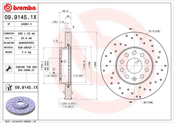 BREMBO brake disc 09.9145.1X, set of 2 - Brake Disc