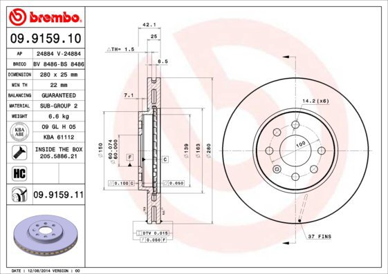 BREMBO brake disc 09.9159.11, set of 2 - Brake Disc