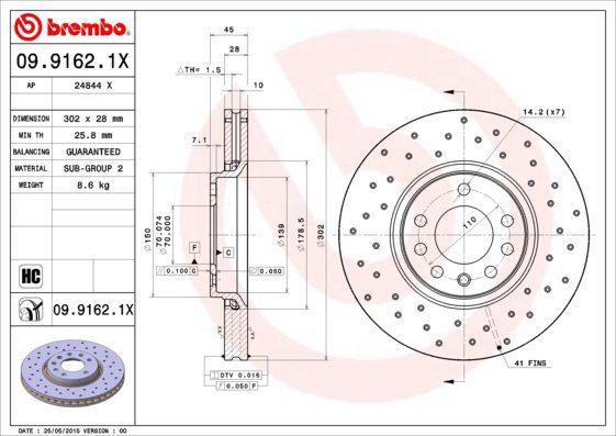 BREMBO brake disc 09.9162.1X, set of 2 - Brake Disc