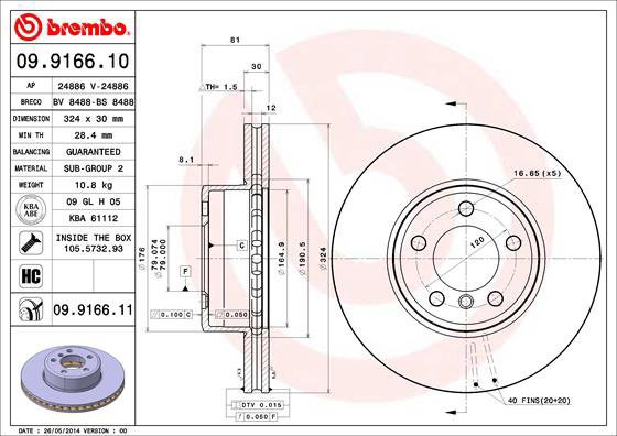 BREMBO brake disc 09.9166.11, set of 2 - Brake Disc