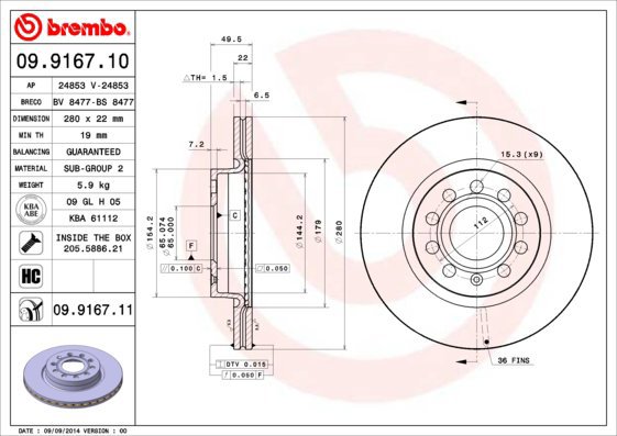 BREMBO brake disc 09.9167.10, set of 2 - Brake Disc