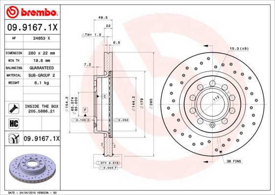 BREMBO brake disc 09.9167.1X, set of 2 - Brake Disc
