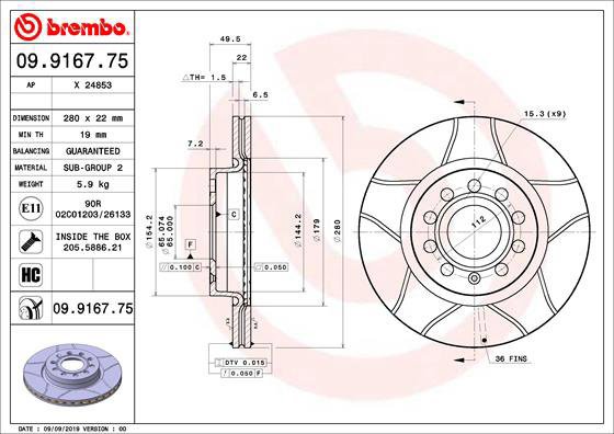 BREMBO Brake disc OC2 280 BREMBO MAX 09.9167.75, set of 2 - Brake Disc