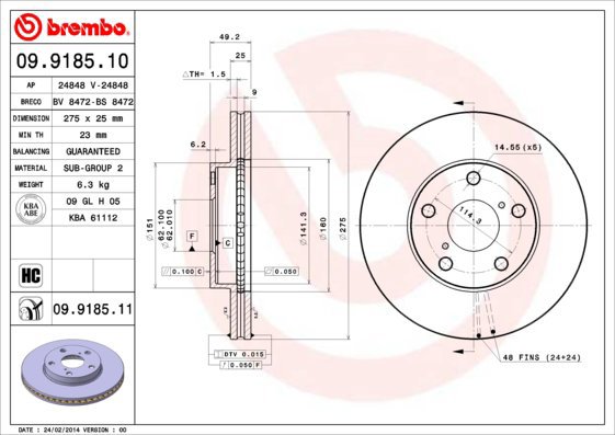BREMBO brake disc 09.9185.10, set of 2 - Brake Disc