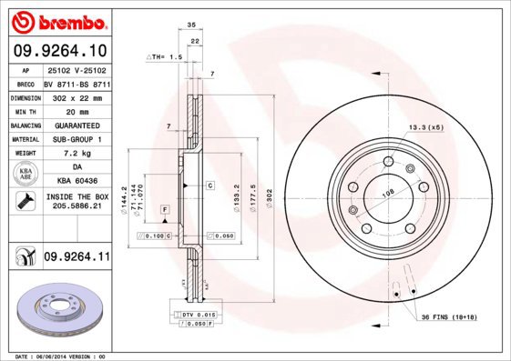 BREMBO brake disc 09.9264.11, set of 2 - Brake Disc