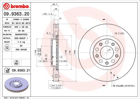 BREMBO brake disc 09.9363.20, set of 2 - Brake Disc