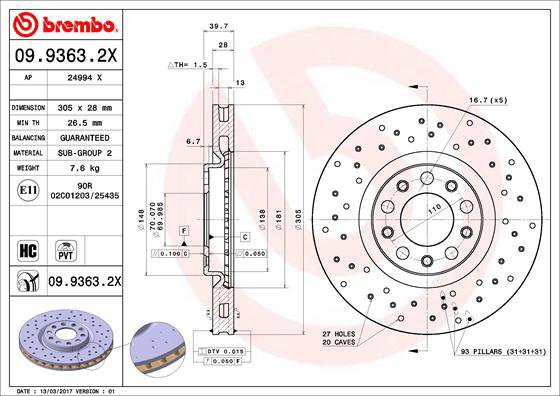 BREMBO brake disc 09.9363.2X, set of 2 - Brake Disc