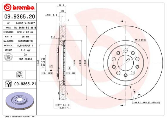 BREMBO brake disc 09.9365.20, set of 2 - Brake Disc