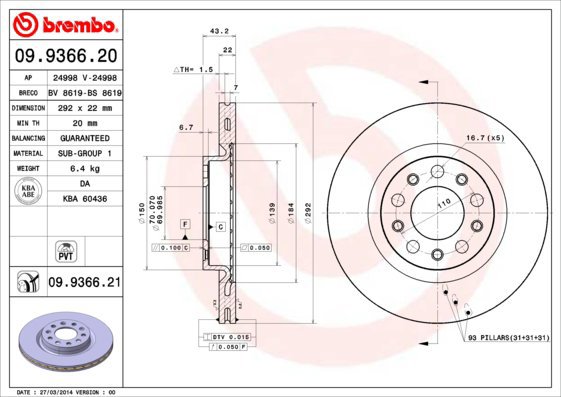 BREMBO brake disc 09.9366.21, set of 2 - Brake Disc