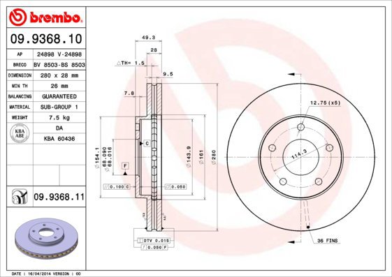 BREMBO brake disc 09.9368.10, set of 2 - Brake Disc