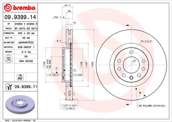 BREMBO brake disc 09.9399.14, set of 2 - Brake Disc