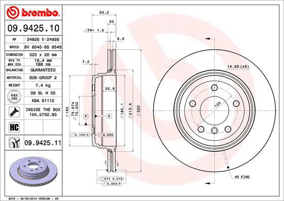 BREMBO brake disc 09.9425.10, set of 2 - Brake Disc