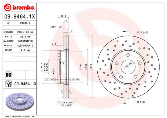 BREMBO brake disc 09.9464.1X, set of 2 - Brake Disc