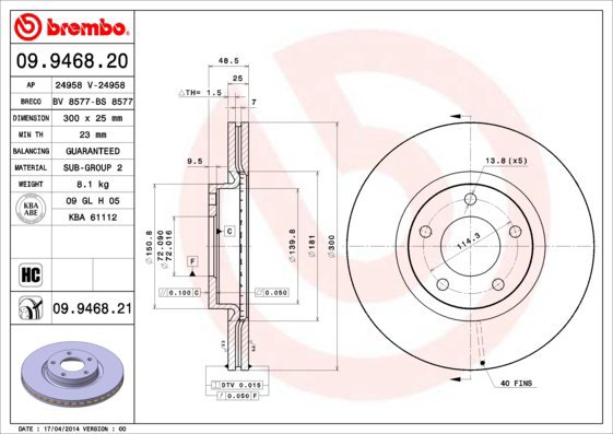 BREMBO brake disc 09.9468.20, set of 2 - Brake Disc