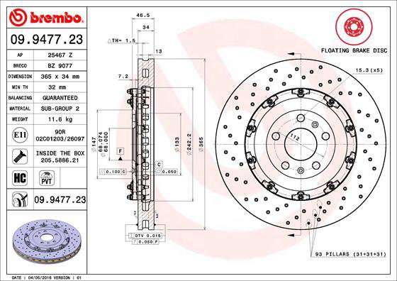 BREMBO brake disc 09.9477.23, set of 2 - Brake Disc