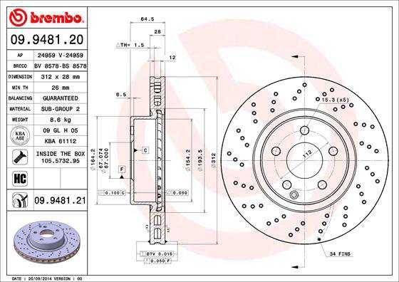 BREMBO brake disc 09.9481.21, set of 2 - Brake Disc