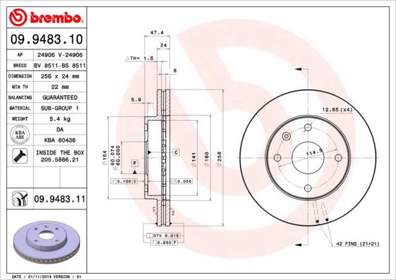 BREMBO brake disc 09.9483.11, set of 2 - Brake Disc
