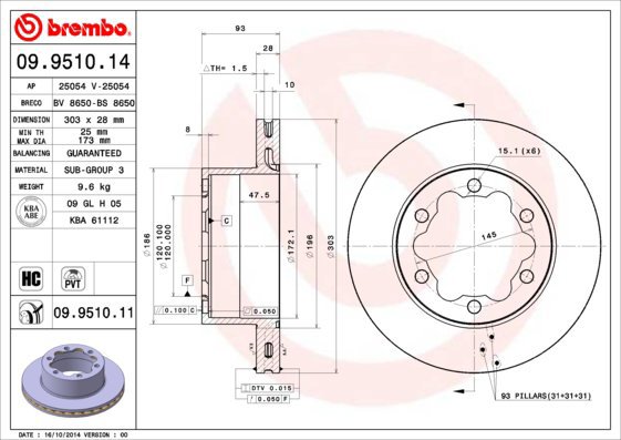 BREMBO brake disc 09.9510.14, set of 2 - Brake Disc