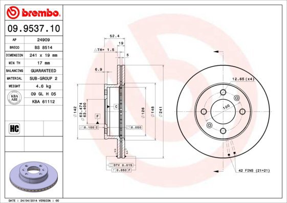 BREMBO brake disc 09.9537.10, set of 2 - Brake Disc