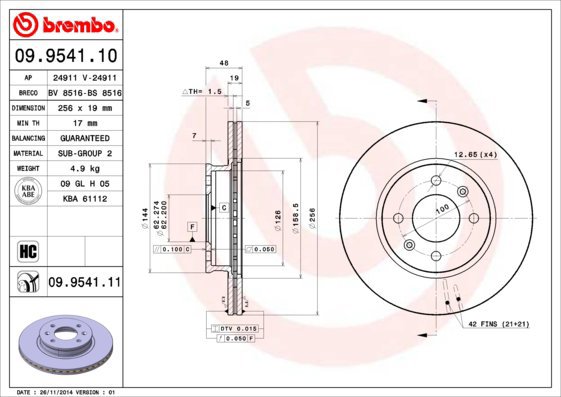 BREMBO brake disc 09.9541.11, set of 2 - Brake Disc