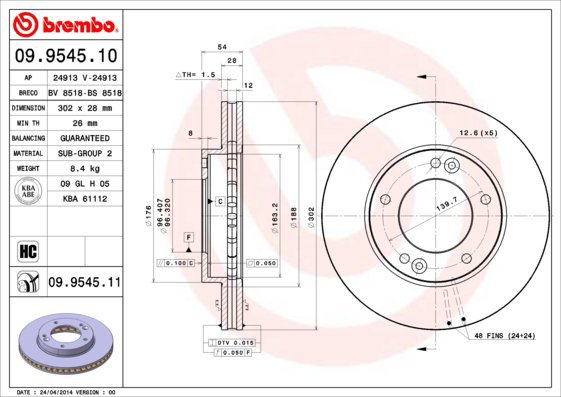 BREMBO brake disc 09.9545.10, set of 2 - Brake Disc