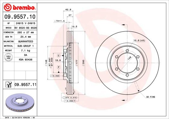 BREMBO brake disc 09.9557.11, set of 2 - Brake Disc
