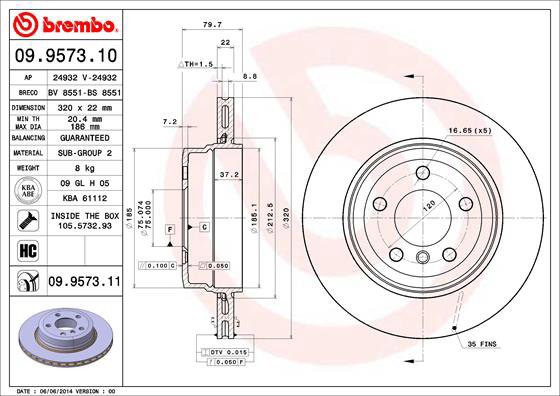 BREMBO brake disc 09.9573.10, set of 2 - Brake Disc