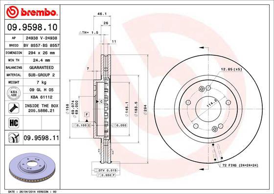 BREMBO brake disc 09.9598.11, set of 2 - Brake Disc
