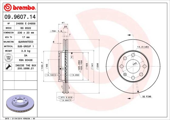 BREMBO brake disc 09.9607.14, set of 2 - Brake Disc