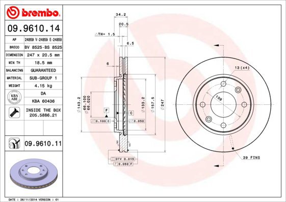 BREMBO brake disc 09.9610.14, set of 2 - Brake Disc