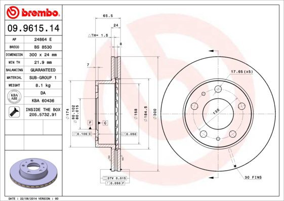BREMBO brake disc 09.9615.14, set of 2 - Brake Disc