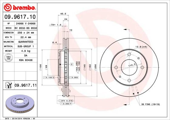 BREMBO brake disc 09.9617.11, set of 2 - Brake Disc
