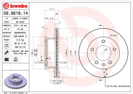 BREMBO brake disc 09.9618.14, set of 2 - Brake Disc
