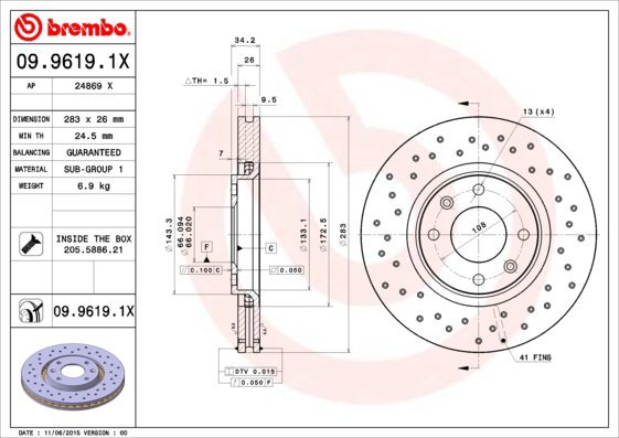 BREMBO brake disc 09.9619.1X, set of 2 - Brake Disc