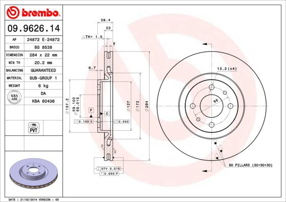 BREMBO brake disc 09.9626.14, set of 2 - Brake Disc