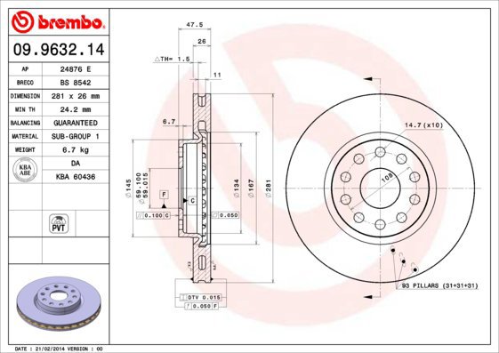 BREMBO brake disc 09.9632.14, set of 2 - Brake Disc