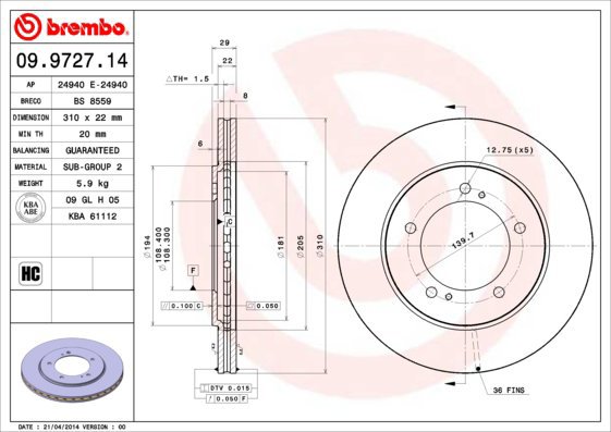 BREMBO brake disc 09.9727.14, set of 2 - Brake Disc