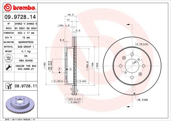 BREMBO brake disc 09.9728.14, set of 2 - Brake Disc