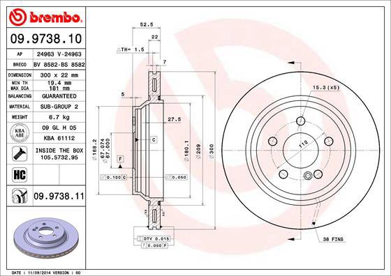BREMBO brake disc 09.9738.10, set of 2 - Brake Disc
